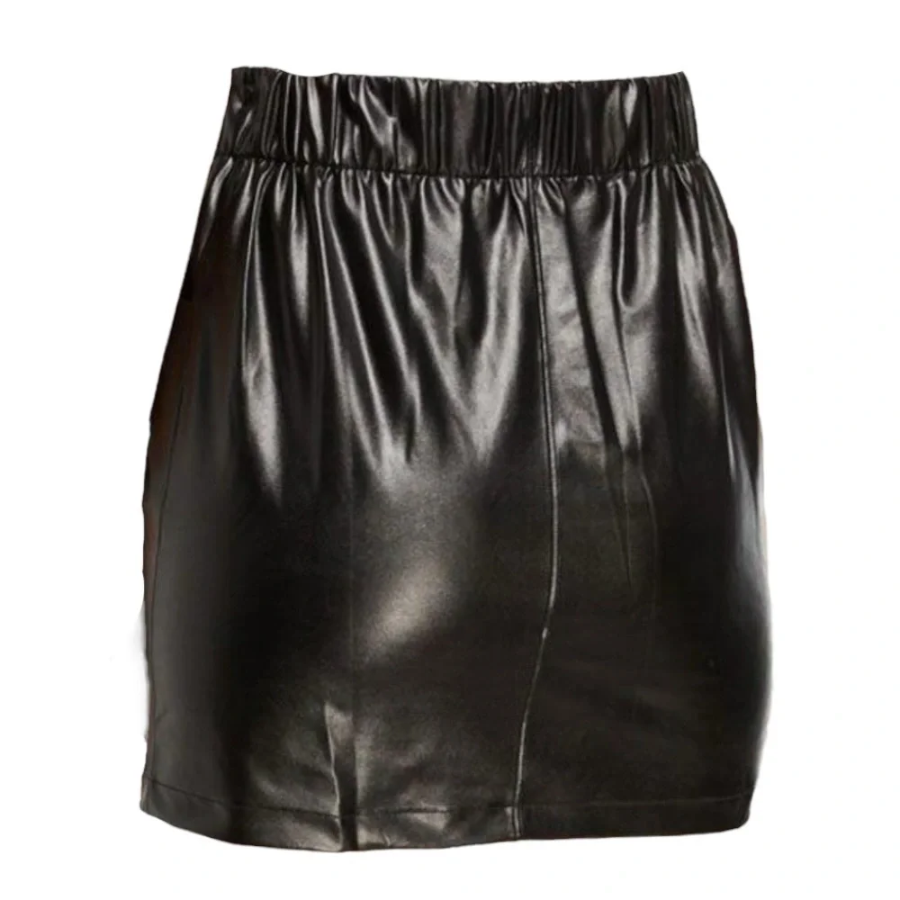 David Lerner Black Faux Leather Stretch Mini Skirt NWT S Elastic Waist Pockets